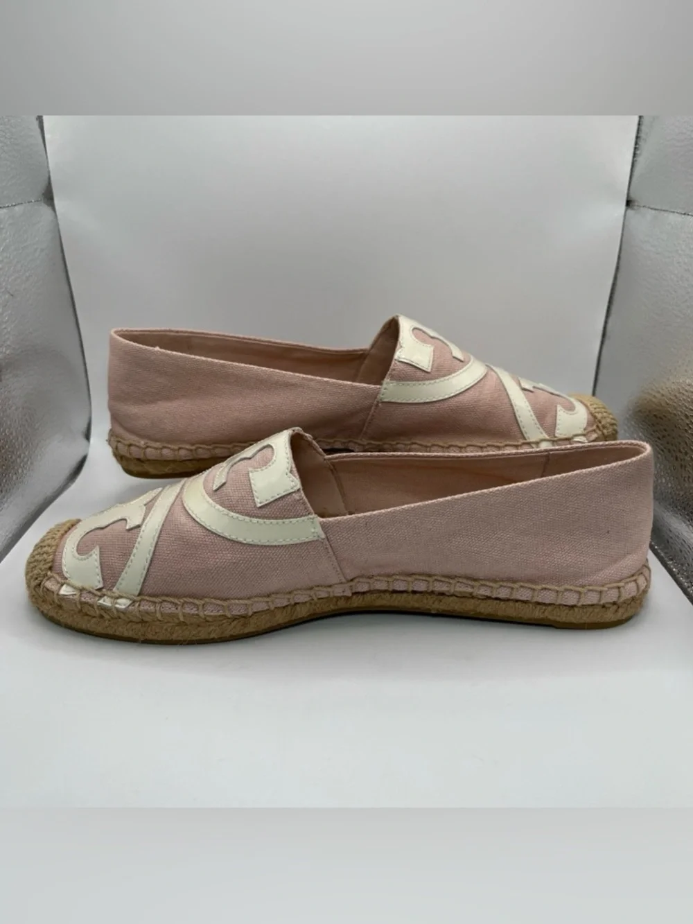 Tory Burch Ines Espadrille Poppy Pink Canvas Patent Leather Logo Flats Womens 7M